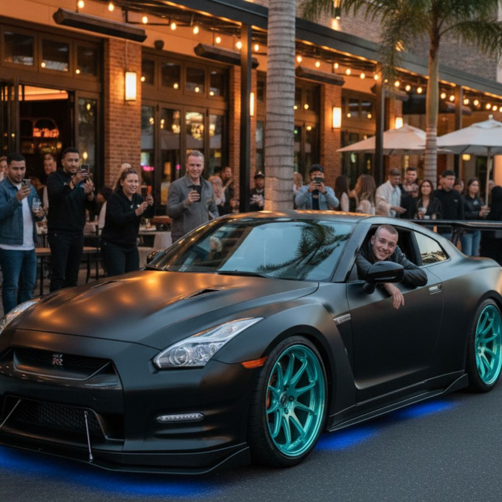 Modified sports car with matte black wrap, custom turquoise alloy wheels, blue underglow lighting, and aerodynamic body kit parked at a car meet, representing Car Modification in India Rules and legal vehicle customization trends.
